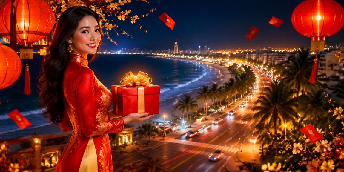 Người phụ nữ tại Phan Thiết mặc áo dài cầm phong bì đỏ trong không khí lễ hội và nhận thưởng may mắn